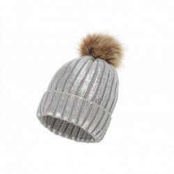 Skullies & Beanies Women Winter Warm Knit Thick Skull Hat Cap Pom Pom Shiny Slouchy Beanie Hats - Cuffed-medium Gray-sliver -...