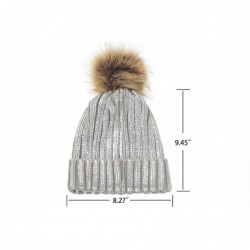 Skullies & Beanies Women Winter Warm Knit Thick Skull Hat Cap Pom Pom Shiny Slouchy Beanie Hats - Cuffed-medium Gray-sliver -...