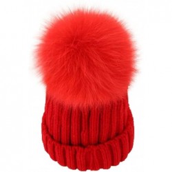 Skullies & Beanies Womens Knitted Hat Fox Fur Pom Pom Warm Slouchy Beanie Cap - Red - CC188N5QW68 $32.78
