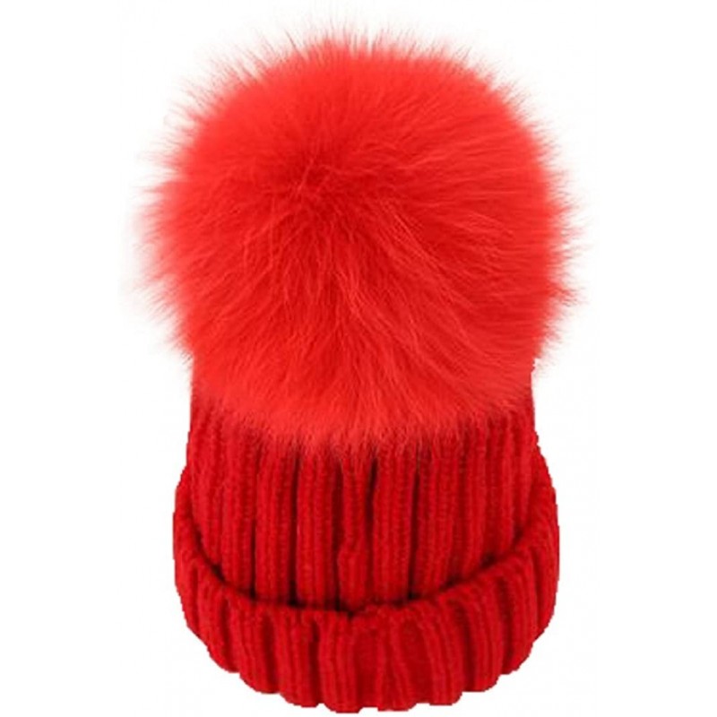 Skullies & Beanies Womens Knitted Hat Fox Fur Pom Pom Warm Slouchy Beanie Cap - Red - CC188N5QW68 $25.45