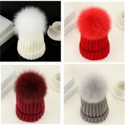 Skullies & Beanies Womens Knitted Hat Fox Fur Pom Pom Warm Slouchy Beanie Cap - Red - CC188N5QW68 $25.45