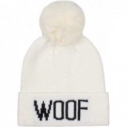 Skullies & Beanies Dog Lover Stretchy Woof Faux Fur Pompom Knit Beanie Skully Toque - White Hat Black Woof White Pompom - CI1...