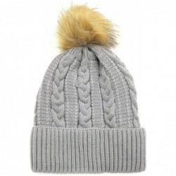Skullies & Beanies Women Winter Faux Fur Pom Beanie Hat w/Warm Fleece Lined Thick Skull Ski Cap - Grey/Brown Pom - CQ18NWOGGY...