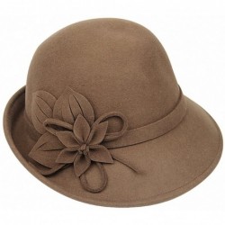 Fedoras Women's Wool Felt Flowers Church Bowler Hats - Deep Camel - CX12MCIF8JR $66.11