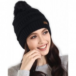 Skullies & Beanies Faux Fur Pom Pom Beanie for Women - Cable Knit Winter Hats for Cold Weather - Black Pom - C918HDQGTQ9 $19.34