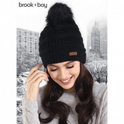 Skullies & Beanies Faux Fur Pom Pom Beanie for Women - Cable Knit Winter Hats for Cold Weather - Black Pom - C918HDQGTQ9 $14.51
