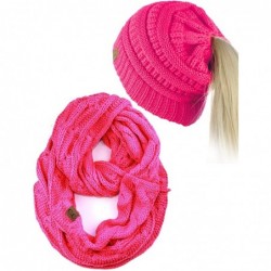 Skullies & Beanies BeanieTail Messy High Bun Cable Knit Beanie and Infinity Loop Scarf Set- Candy Pink - CH18KIK7N77 $43.90