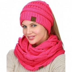 Skullies & Beanies BeanieTail Messy High Bun Cable Knit Beanie and Infinity Loop Scarf Set- Candy Pink - CH18KIK7N77 $32.19