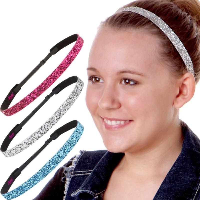 Headbands Girl's Adjustable Non Slip Skinny Bling Glitter Headband Multi Pack - Teal/Silver/Hot Pink - C211TOOQNKL $20.60