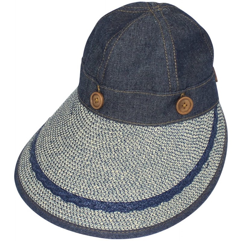 Sun Hats Women's Summer Sun Hat - Two in One Wide Brim Visor Cap - Straw Brim - Navy Blue - CI11KU47YV1 $50.70