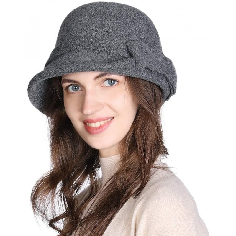 Bucket Hats Women Winter Wool Bucket Hat 1920s Vintage Cloche Bowler Hat with Bow/Flower Accent - 00767_gray_60ol - CH18Y0RR2...