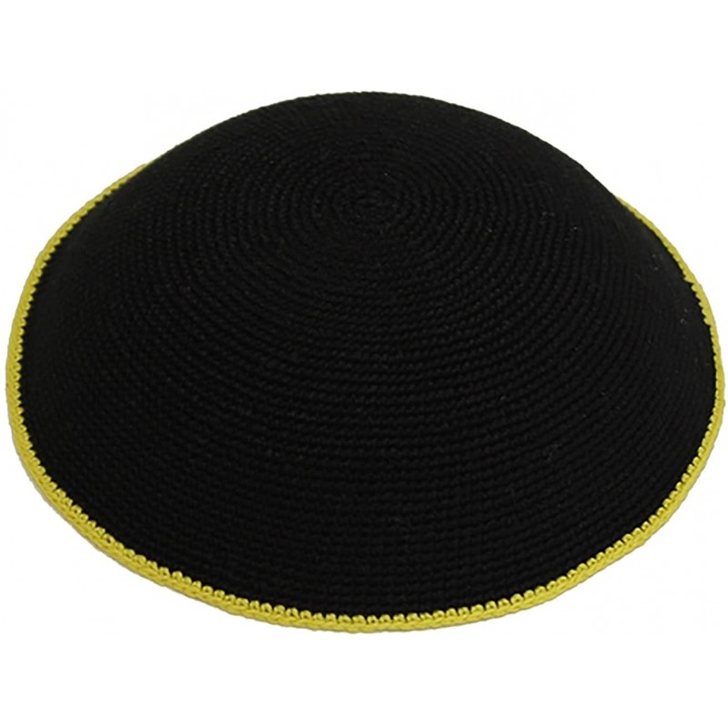 Skullies & Beanies Kippah Black Fine Knit (Serugah) Colored Border Design 17cm - Yellow Border - CQ188ZQRN2D $29.66