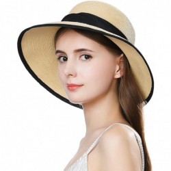 Sun Hats Floppy Straw Sun Hat Fedora for Women Summer Beach Wide Brim Packable Panama Cloche 56-58cm - Beige_99043 - CV18D9HK...