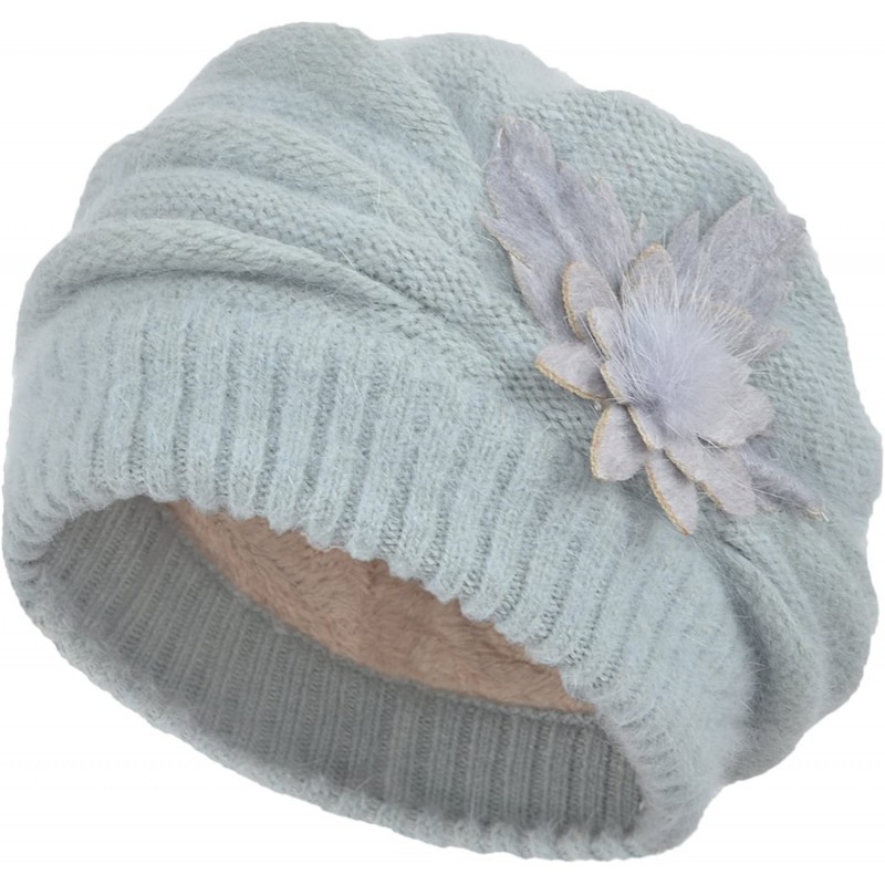 Berets Women's Winter Hat French Beret Solid Floral Decoration Knit Beanie Cap - Mint - CP1895TYA2A $21.02