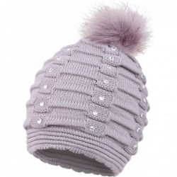 Skullies & Beanies Horizontal Cable Knit Beanie with Sequins and Faux Fur Pompom - Grey - CT185LUIZU6 $17.73