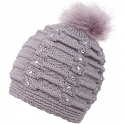 Skullies & Beanies Horizontal Cable Knit Beanie with Sequins and Faux Fur Pompom - Grey - CT185LUIZU6 $17.27