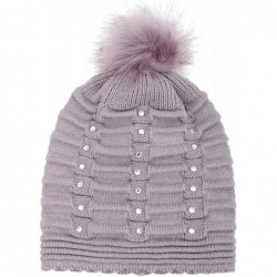 Skullies & Beanies Horizontal Cable Knit Beanie with Sequins and Faux Fur Pompom - Grey - CT185LUIZU6 $17.27