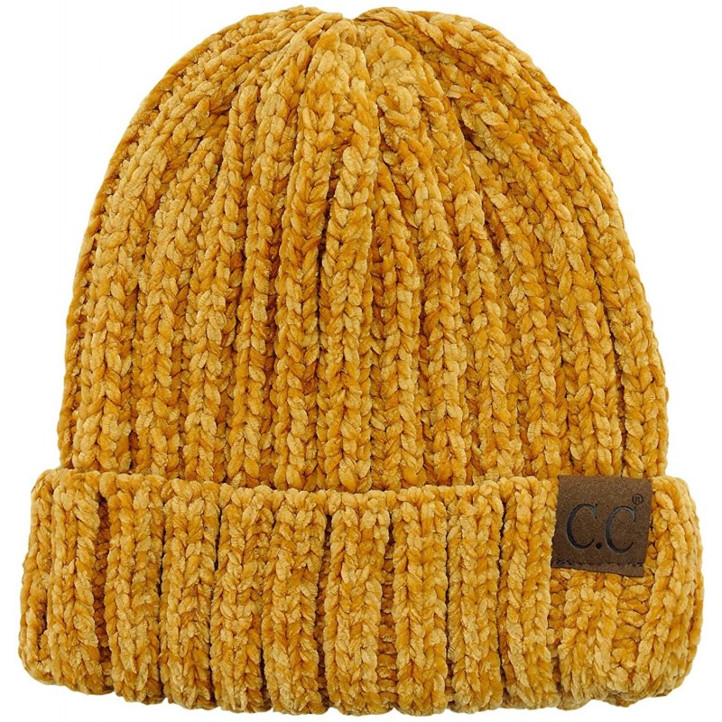 Skullies & Beanies Unisex Chenille Soft Warm Stretchy Thick Cuffed Knit Beanie Cap Hat - Mustard - CL18IQGTGEI $18.29