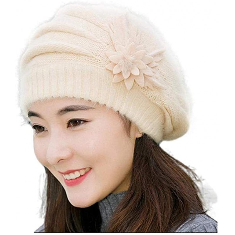 Skullies & Beanies Women's Winter Beret Hat Fleece Lined Soft Warm Beanie Cap with Flower Accent - Cream - CA18KNAMWEL $16.71