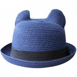 Sun Hats Women's Cute Cat Ear Round Top Bowler Straw Sun UV Summer Beach Roll-up Hat Cap - Navy - CX12FK8AUZ7 $14.05