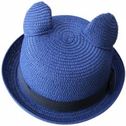 Sun Hats Women's Cute Cat Ear Round Top Bowler Straw Sun UV Summer Beach Roll-up Hat Cap - Navy - CX12FK8AUZ7 $14.05
