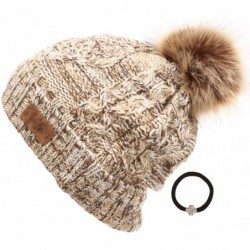 Skullies & Beanies Women's Winter Fleece Lined Cable Knitted Pom Pom Beanie Hat with Hair Tie. - Multi Khaki - C218LXGOADW $2...