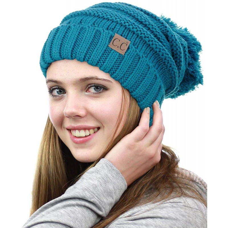 Skullies & Beanies Pom Pom Oversized Baggy Slouchy Thick Winter Beanie Hat - Teal - CB18R52LGY6 $28.37