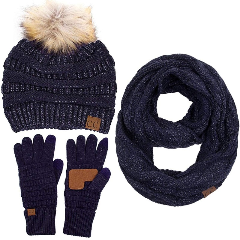 Skullies & Beanies 3pc Set Trendy Warm Chunky Soft Stretch Cable Knit Pom Pom Beanie- Scarves and Gloves Set - Metallic Navy ...