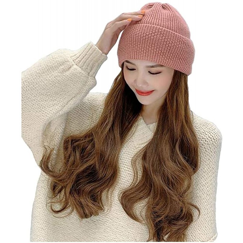 Newsboy Caps Women Knit Beanie Hat with Hair Attached Long Wavy Wig Winter Skull Cap - Pink - C618ZZ74MRZ $35.36