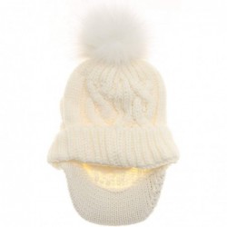 Skullies & Beanies Women's Winter Warm Cable Knitted Visor Brim Pom Pom Beanie Hat with Soft Sherpa Lining. - White - White P...