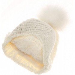 Skullies & Beanies Women's Winter Warm Cable Knitted Visor Brim Pom Pom Beanie Hat with Soft Sherpa Lining. - White - White P...
