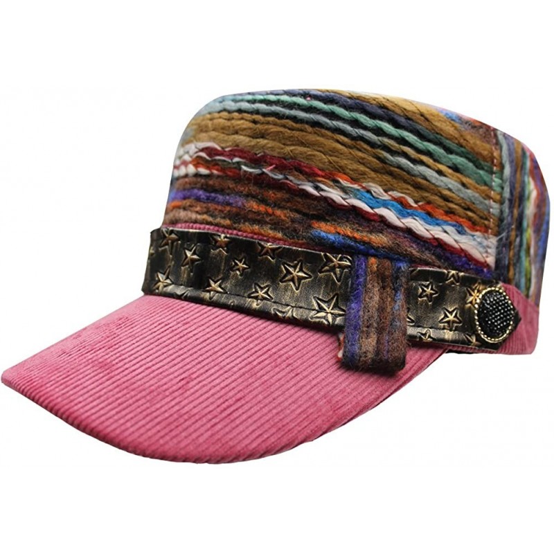 Baseball Caps Womens Corduroy Rainbow Belts Flat Top Army Military Baseball Buckle Sun Hat Cap - Pink - CD186GOKRUD $15.24