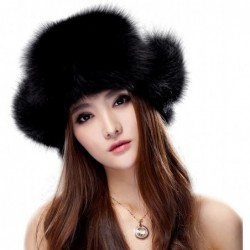 Bomber Hats Womens Fox Fur Russian Ushanka Trapper Hat with Pom Poms - Fabric & Black - CE11OKNM1N9 $91.68