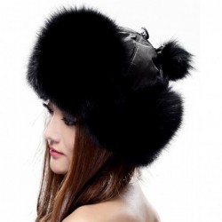 Bomber Hats Womens Fox Fur Russian Ushanka Trapper Hat with Pom Poms - Fabric & Black - CE11OKNM1N9 $67.55