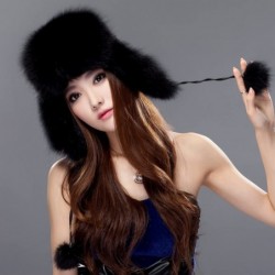 Bomber Hats Womens Fox Fur Russian Ushanka Trapper Hat with Pom Poms - Fabric & Black - CE11OKNM1N9 $67.55