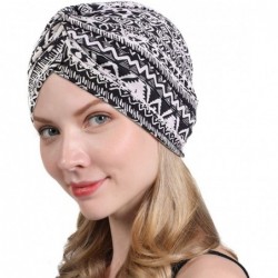 Skullies & Beanies New Women's Cotton Turban Flower Prints Beanie Head Wrap Chemo Cap Hair Loss Hat Sleep Cap - Black - CF18R...