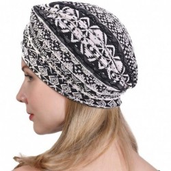 Skullies & Beanies New Women's Cotton Turban Flower Prints Beanie Head Wrap Chemo Cap Hair Loss Hat Sleep Cap - Black - CF18R...