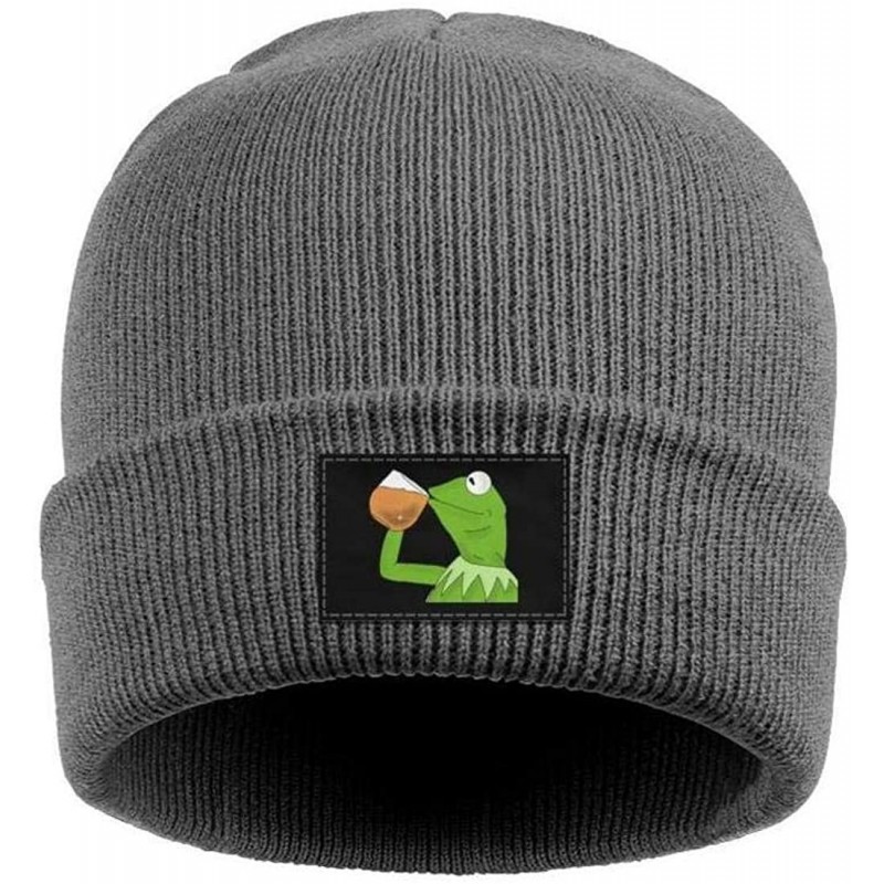 Skullies & Beanies Mens Womens Warm Solid Color Daily Knit Cap Funny-Green-Frog-Sipping-Tea Headwear - Gray-3 - CL18NE0DU8K $...