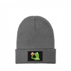 Skullies & Beanies Mens Womens Warm Solid Color Daily Knit Cap Funny-Green-Frog-Sipping-Tea Headwear - Gray-3 - CL18NE0DU8K $...