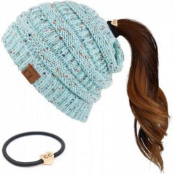 Skullies & Beanies Ribbed Confetti Knit Beanie Tail Hat for Adult Bundle Hair Tie (MB-33) - Mint (With Ponytail Holder) - C91...