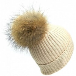 Skullies & Beanies Womens Knitted 100% Cashmere Beanie Hat with Detachable Fur Pom Pom - Cream - CI187WNMW65 $102.31