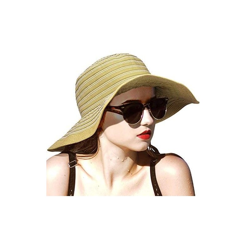 Sun Hats Women Summer Beach Hat Packable Striped Floppy Wide Brim Sun Protection Travel Hats - Tan - CA18D0H52YE $16.75