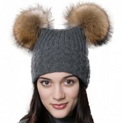 Skullies & Beanies Unisex Autumn Knit Wool Beanie Hat Women Winter Hat with Fur Ball Pom Pom - Gray With Raccoon Pompom - C31...