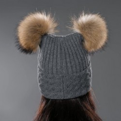 Skullies & Beanies Unisex Autumn Knit Wool Beanie Hat Women Winter Hat with Fur Ball Pom Pom - Gray With Raccoon Pompom - C31...
