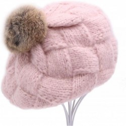 Skullies & Beanies Winter Women Knitted Wool Beret Hat with Fur Pom Pom Solid Cap Crochet Beanie with Fuzzy Ball Top - Pink -...