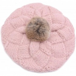 Skullies & Beanies Winter Women Knitted Wool Beret Hat with Fur Pom Pom Solid Cap Crochet Beanie with Fuzzy Ball Top - Pink -...