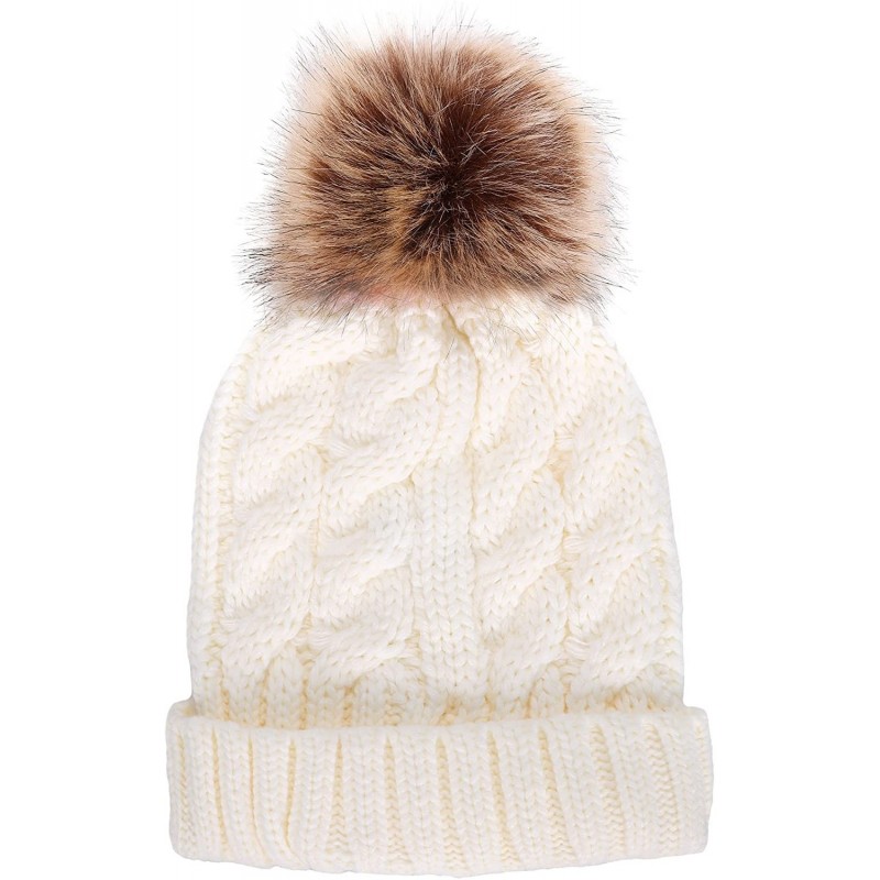 Skullies & Beanies Women's Winter Soft Knit Beanie Hat with Faux Fur Pom Pom - No Fleece Lined_white - CX12N9K36VG $18.19