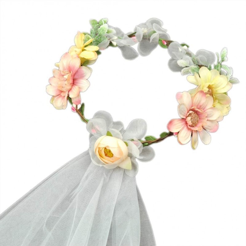 Headbands Flower Wreath Headband Crown Floral Garland Boho for Festival Wedding with Veil - C - C8197CMNH5G $26.09
