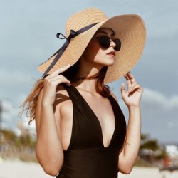 Sun Hats Womens Straw Hat Wide Brim Floppy Beach Cap Adjustable Sun Hat for Women UPF 50+ - Bowknot&khaki - C61947EMEG3 $25.68