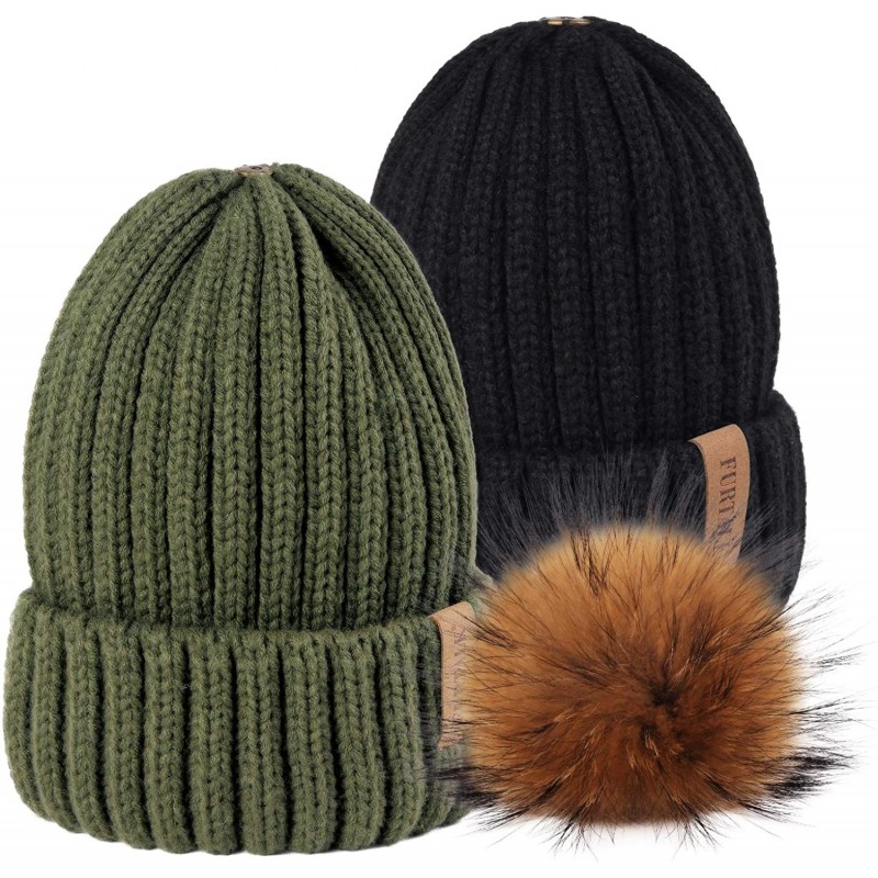 Skullies & Beanies Winter Knit Hat Detachable Real Raccoon Fur Pom Pom Womens Girls Warm Knit Beanie Hat - C018UL9Y3GT $45.12